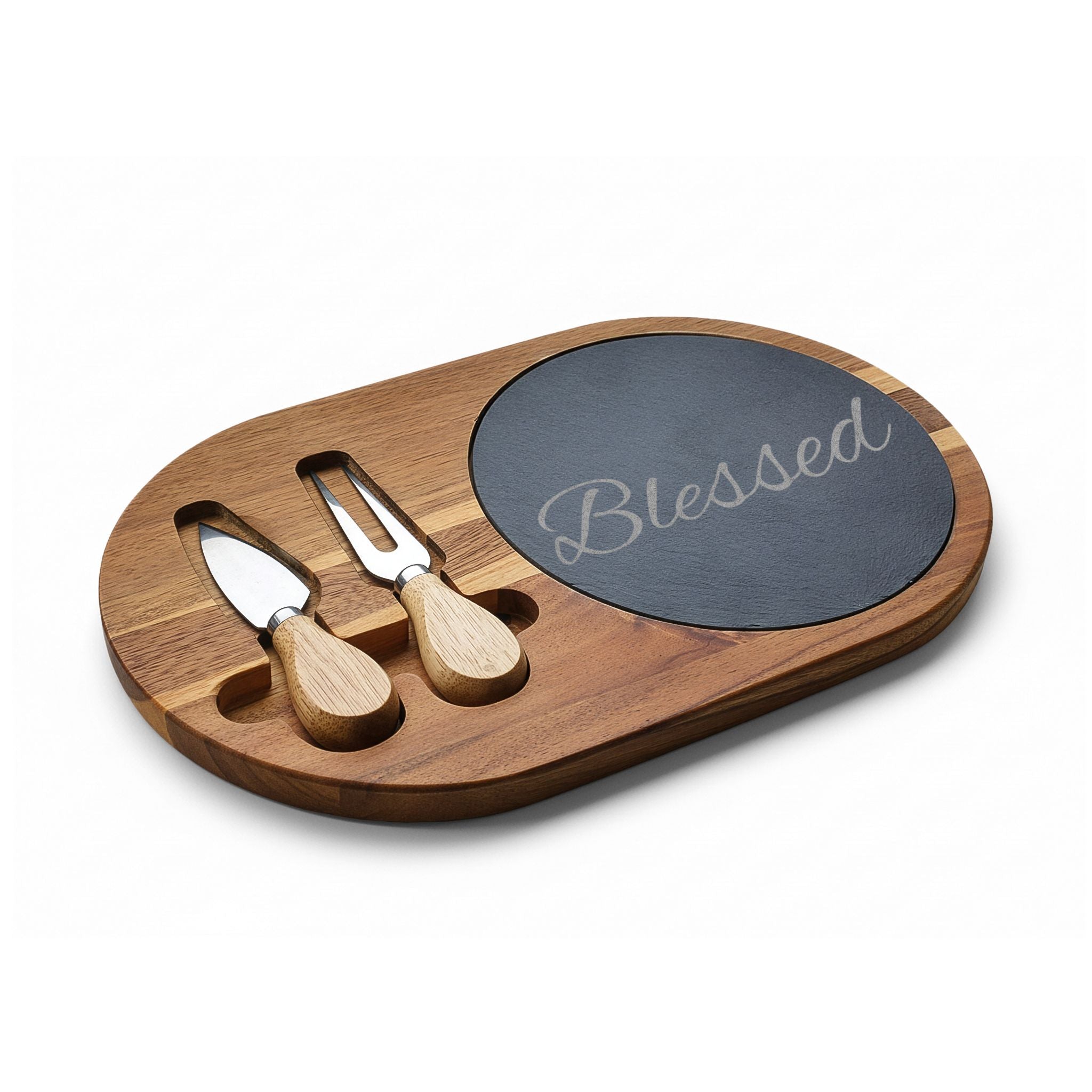 Engraved 'Blessed' Charcuterie Board – Oak Cheese Serving Set with Slate Inlay & Knife Set