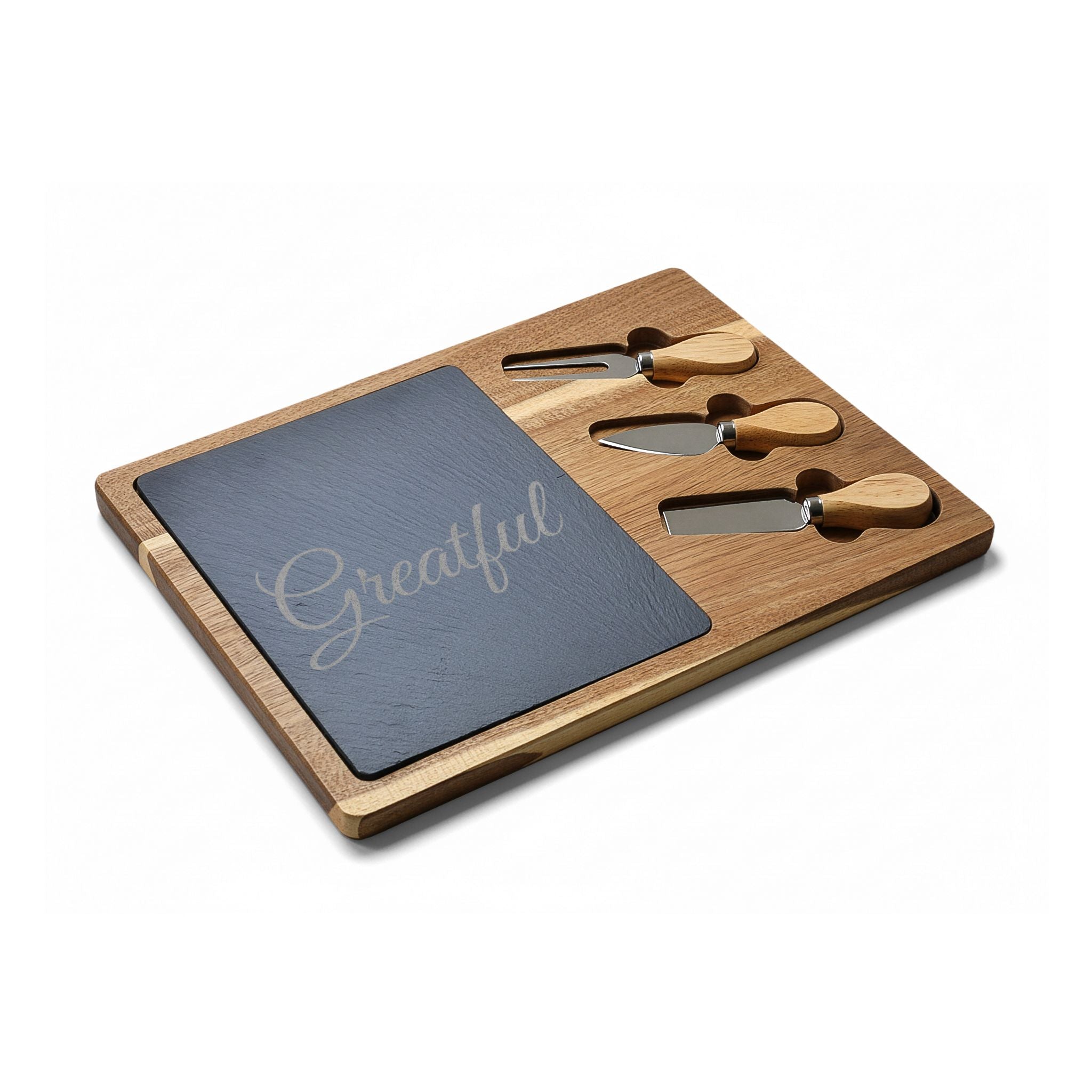 Engraved Acacia Charcuterie Board with Slate Inlay & Cheese Tools