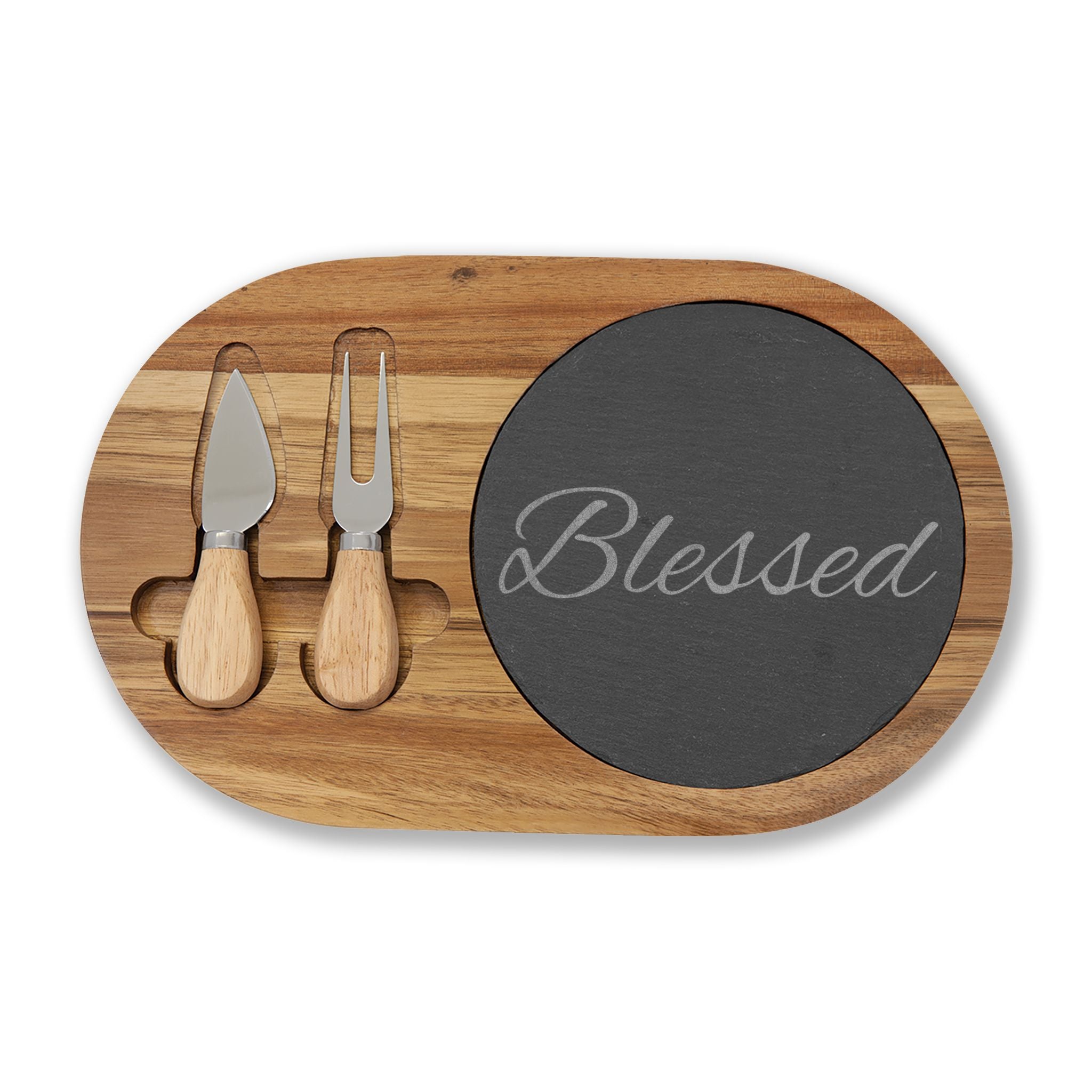Engraved 'Blessed' Charcuterie Board – Oak Cheese Serving Set with Slate Inlay & Knife Set